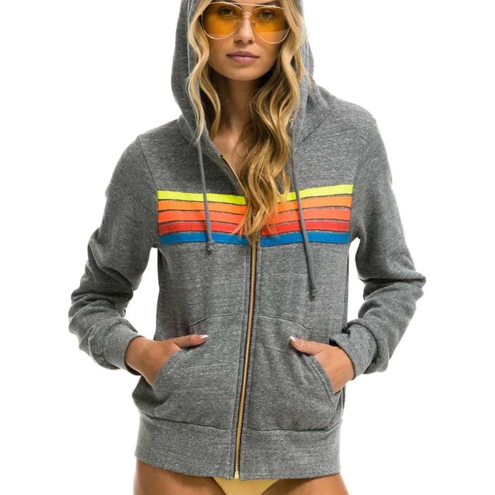 5 STRIPE HOODIE - HEATHER GREY // NEON RAINBOW